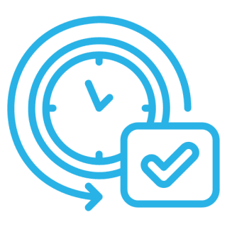 Clock with checkmark icon on black background.