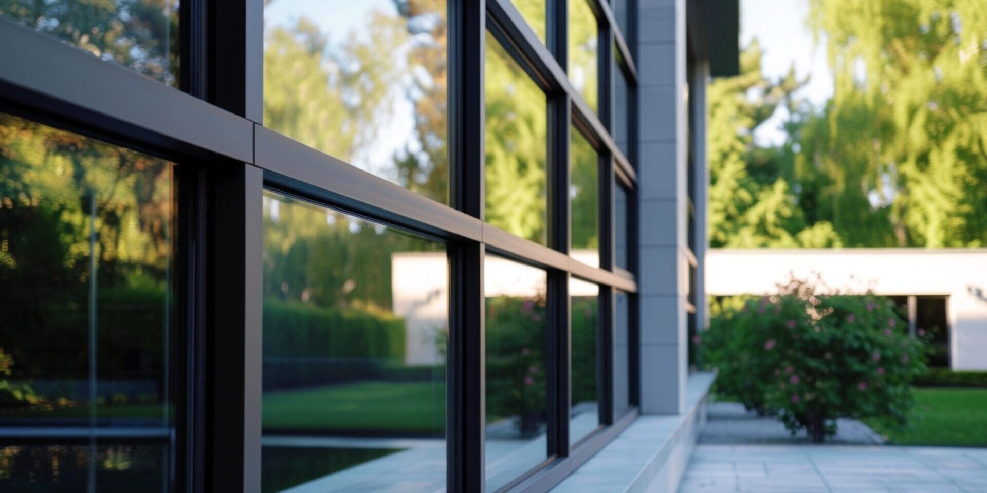 Modern building facade with large glass windows.